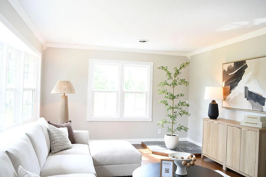 Modern-neutral living room after vacant home staging on West Ellison Drive, Springfield, MO